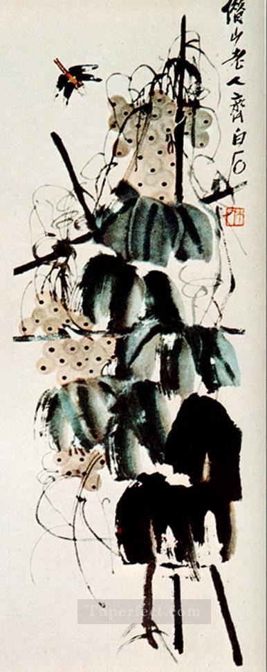 斉白石ヒルガオとブドウ 2 古い中国の墨油絵